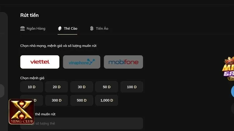 Rút tiền Xengclub qua thẻ cào